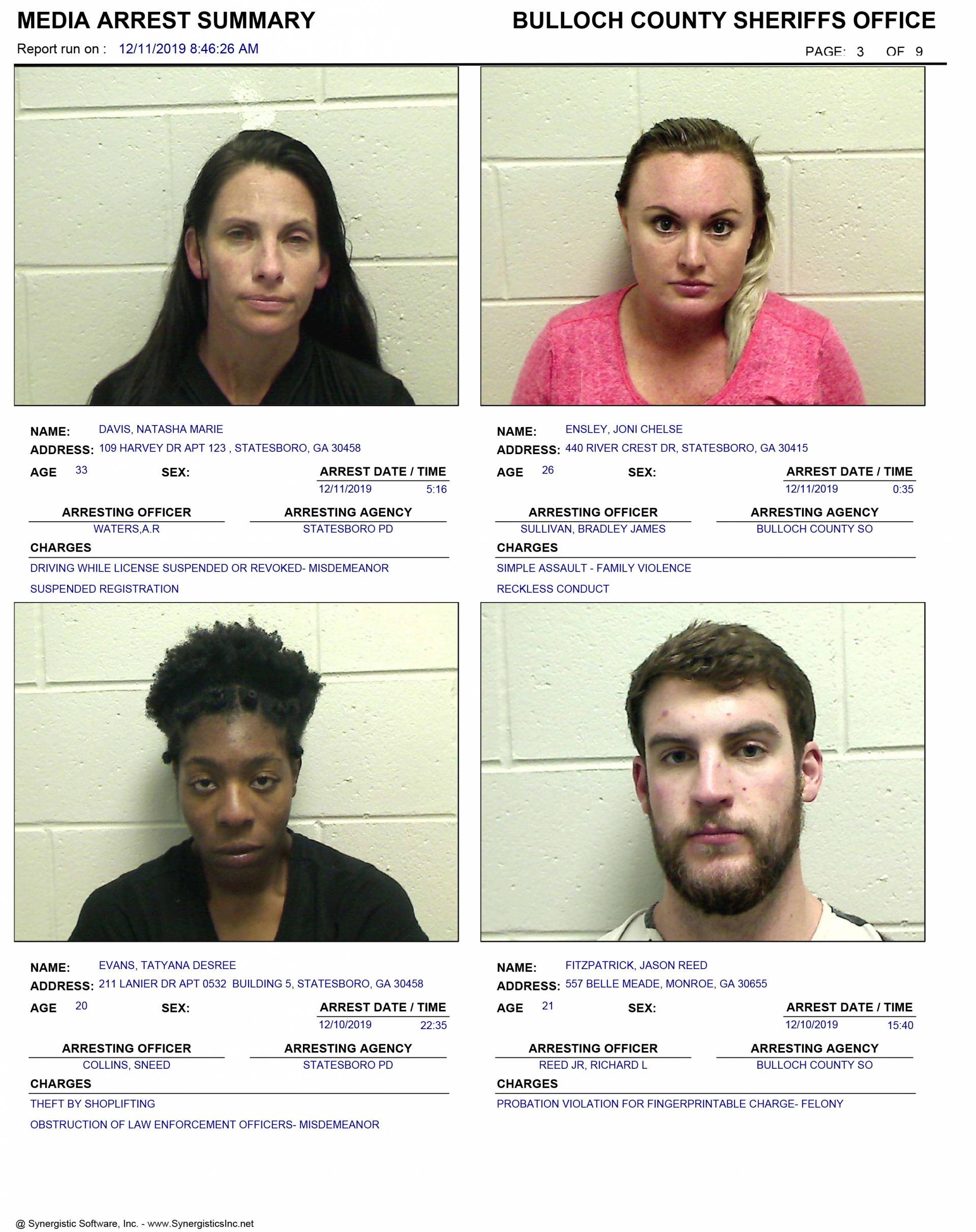 12 11 2019 Booking Report For Bulloch County - Allongeorgia