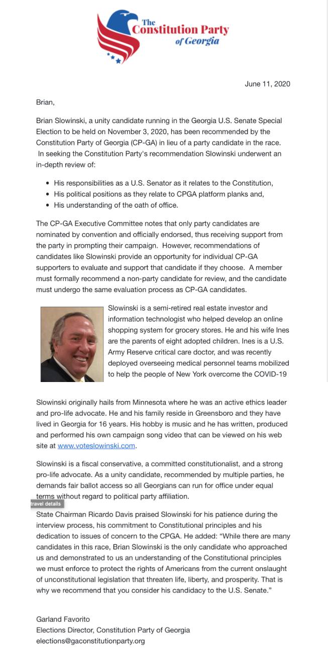 slowinski constitution party recommendation