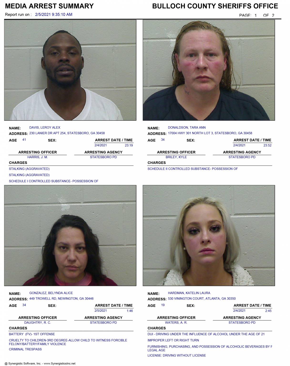 02/05/2021 Booking Report for Bulloch County - AllOnGeorgia