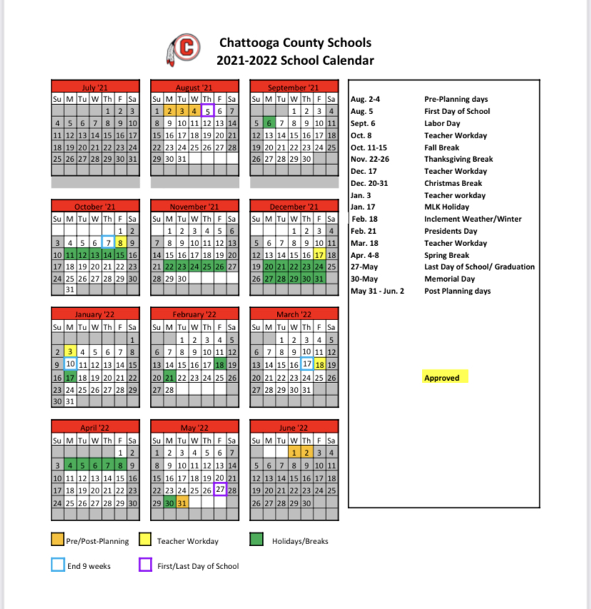 Chattooga County Schools 2021-2022 Calendar - AllOnGeorgia