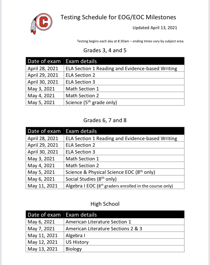 Milestone EOC/EOG schedule for Chattooga County Schools AllOnGeorgia