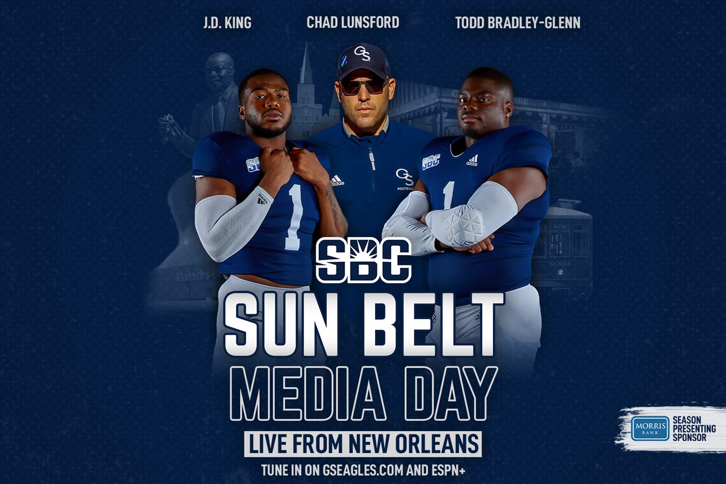 Georgia Southern football student-athletes J.D. King and Todd Bradley-Glenn will accompany head coach Chad Lunsford to the 2021 Sun Belt Media Day.