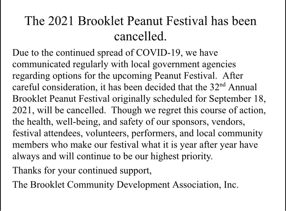 brooklet peanut festival canceled 2021