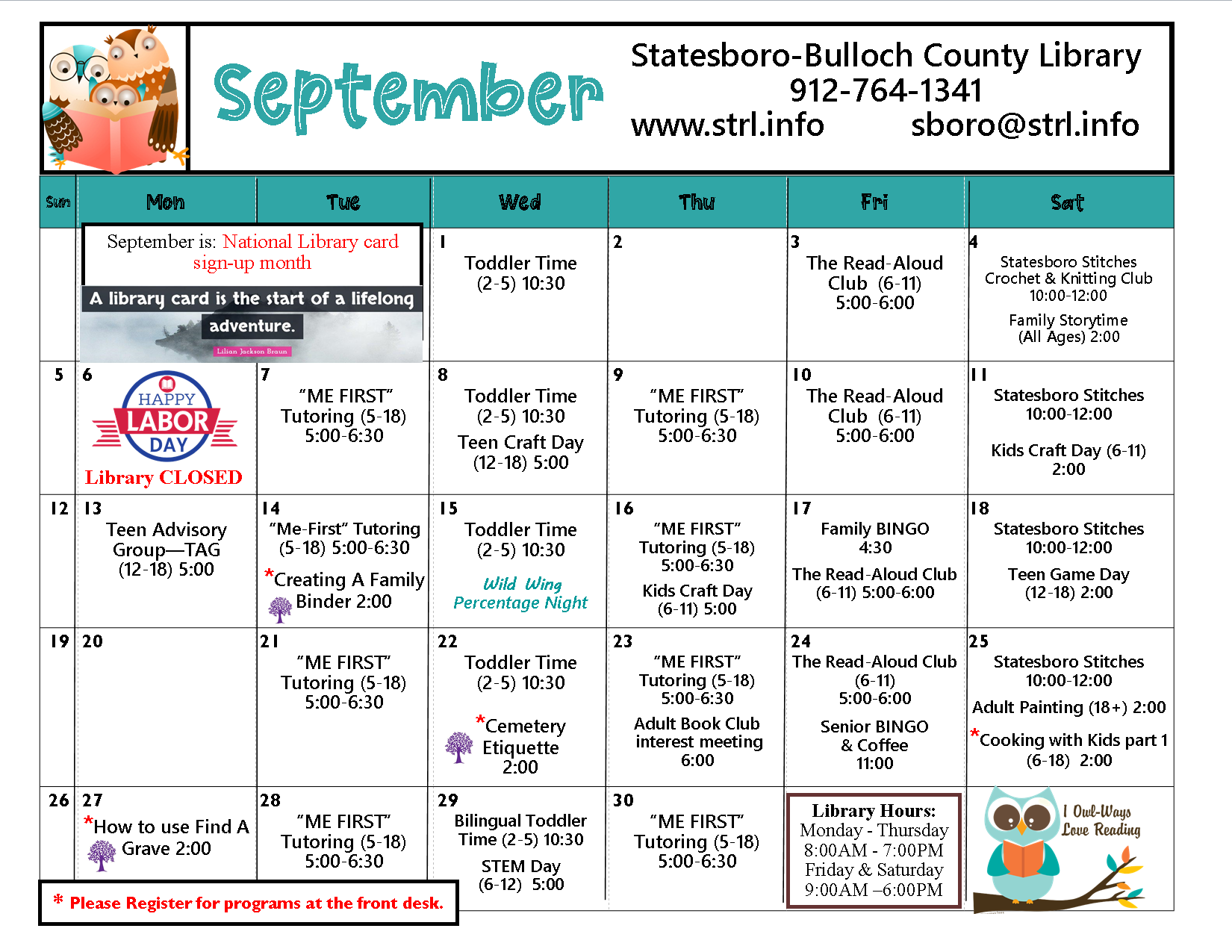 statesboro library calendar sept 2021