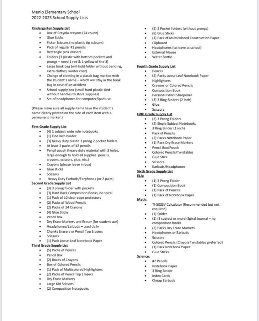 Supply List – Families – Grandview C-4 School District