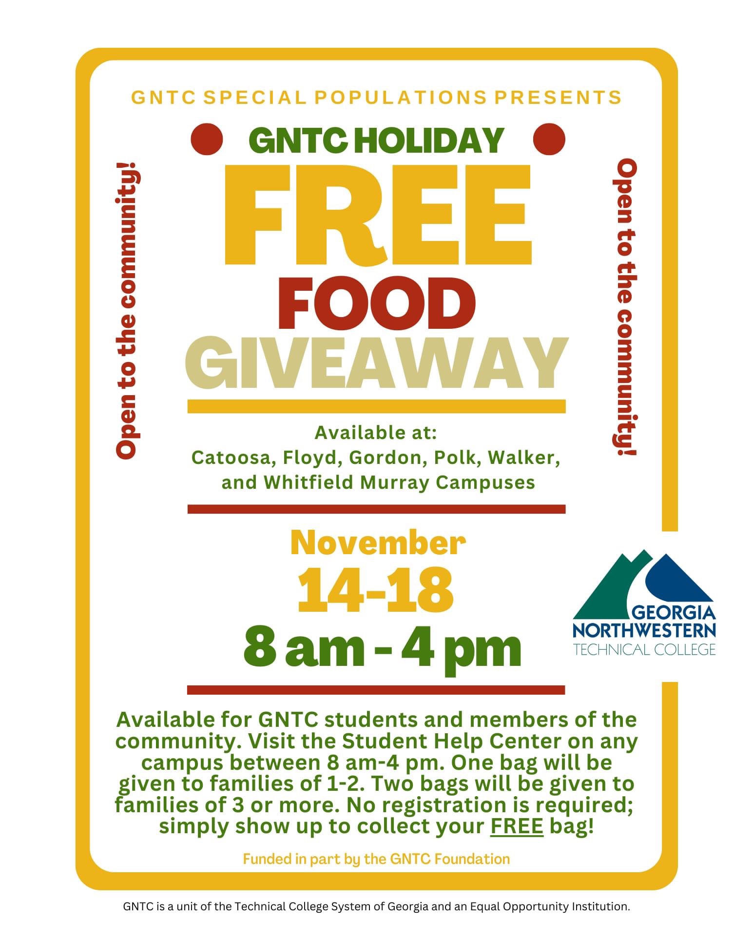 GNTC Holiday Food Giveaway November 1418, 8 am 4 pm