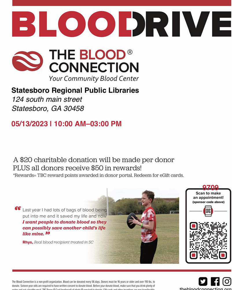 statesboro library blood drive may 13 flyer
