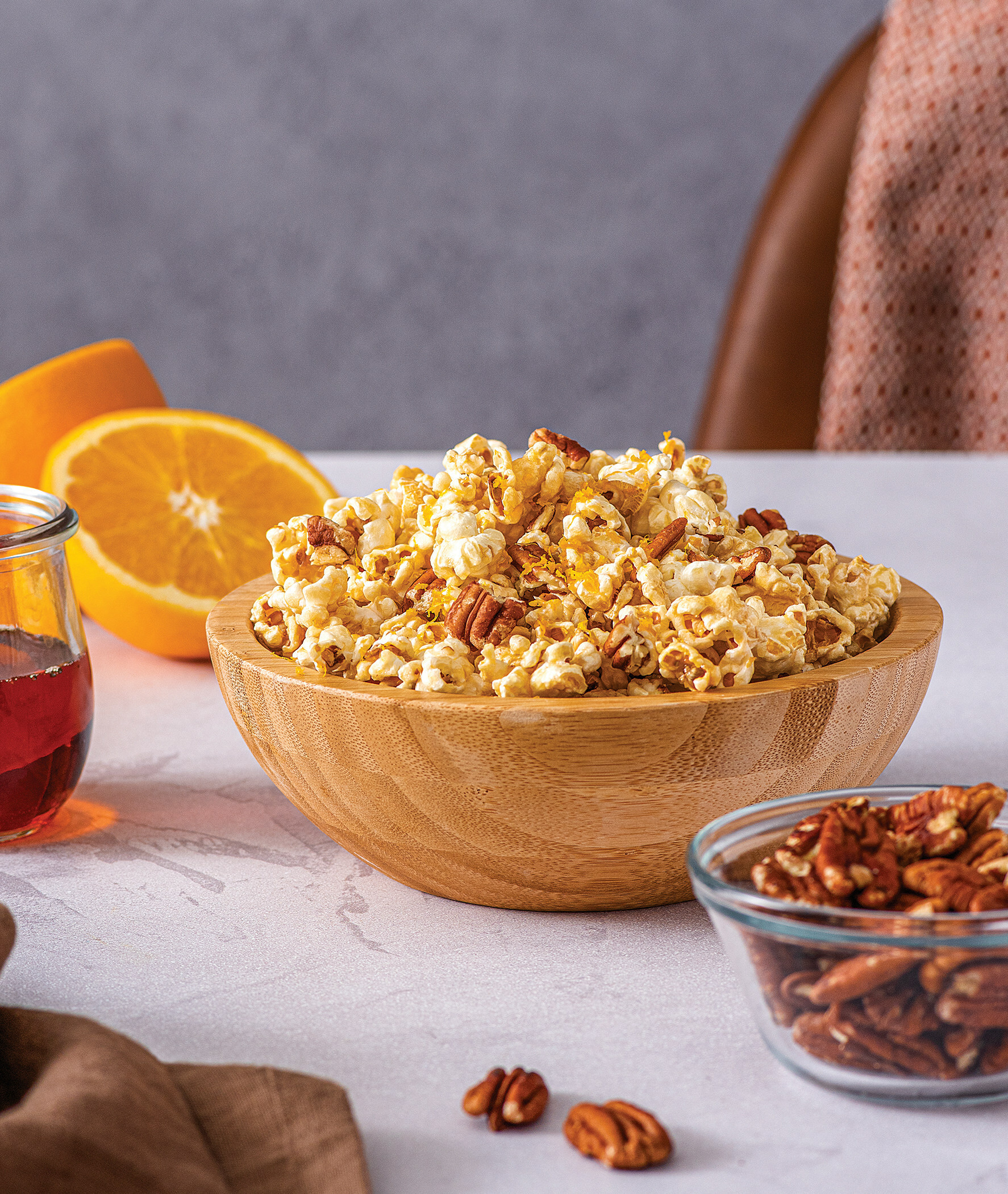 Old Fashioned Bourbon Maple Popcorn with Pecans family features