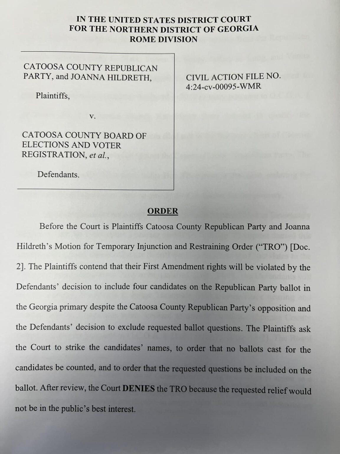 Federal Judge Rejects Catoosa GOP